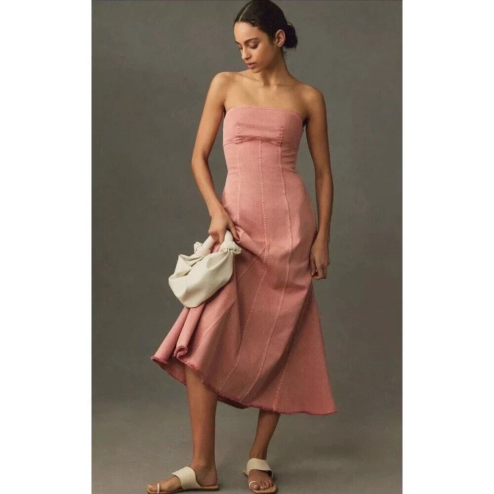 NWT Pilcro Icon Strapless Fluted Midi Dress Babydoll Womens Summer Smocked Small